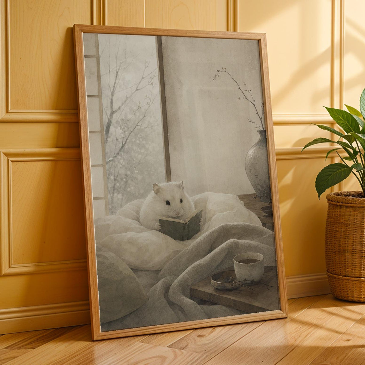Winter White Hamster Reading in Bed Poster | Japanese Zen Sumi-e Hamster Wall Art | Warm Ivory Gray Decor | Minimalist Kyoto Bedroom Print