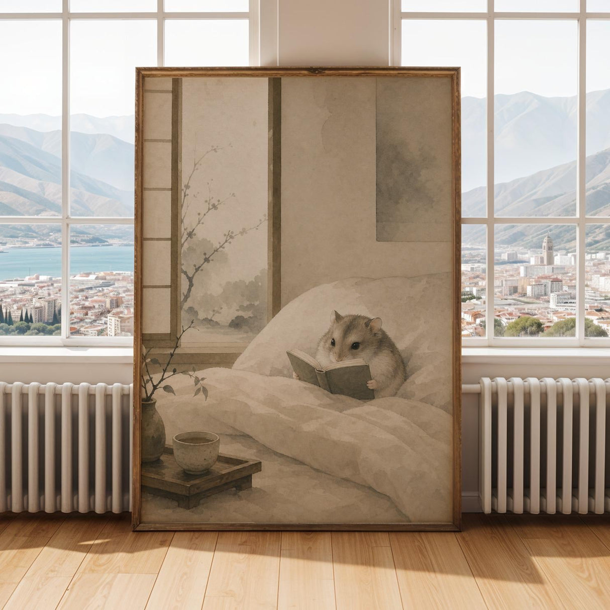Russian Dwarf Hamster Reading in Bed Poster | Japanese Zen Sumi-e Hamster Wall Art | Warm Ivory Muted Sage Decor | Minimalist Bedroom Print