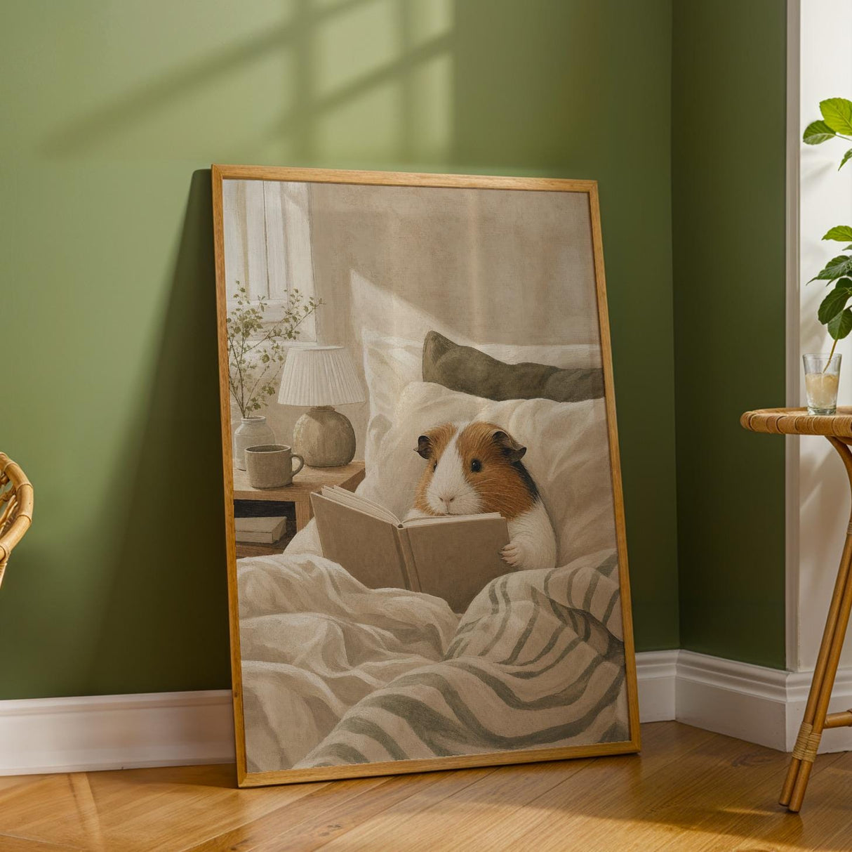 American Guinea Pig Reading in Bed Poster | Nordic Gouache Guinea Pig Wall Art | Warm Beige Oat Milk Decor | Cozy Minimalist Bedroom Print