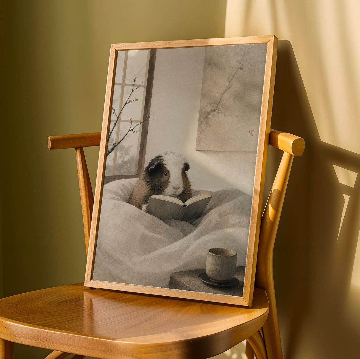 White Guinea Pig Reading in Bed Poster | Japanese Zen Ink Wash Guinea Pig Wall Art | Warm Ivory Neutral Decor | Minimalist Bedroom Print