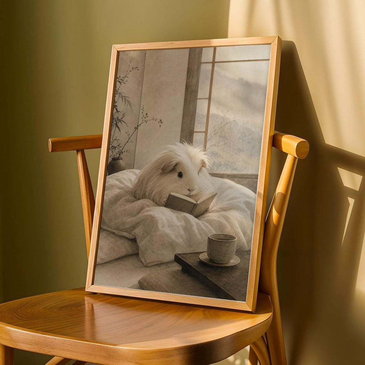 Silkie Guinea Pig Reading in Bed Poster | Japanese Zen Sumi-e Guinea Pig Wall Art | Warm Ivory Fog Gray Decor | Minimalist Bedroom Print