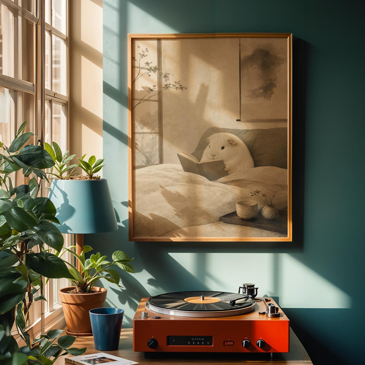 White Guinea Pig Reading in Bed Poster | Japanese Zen Sumi-e Guinea Pig Wall Art | Warm Ivory Fog Gray Decor | Minimalist Bedroom Print