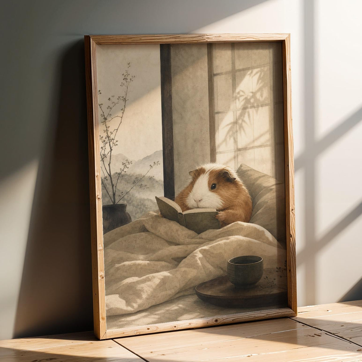 Coronet Guinea Pig Reading in Bed Poster | Japanese Zen Sumi-e Guinea Pig Wall Art | Warm Ivory Fog Gray Decor | Minimalist Bedroom Print