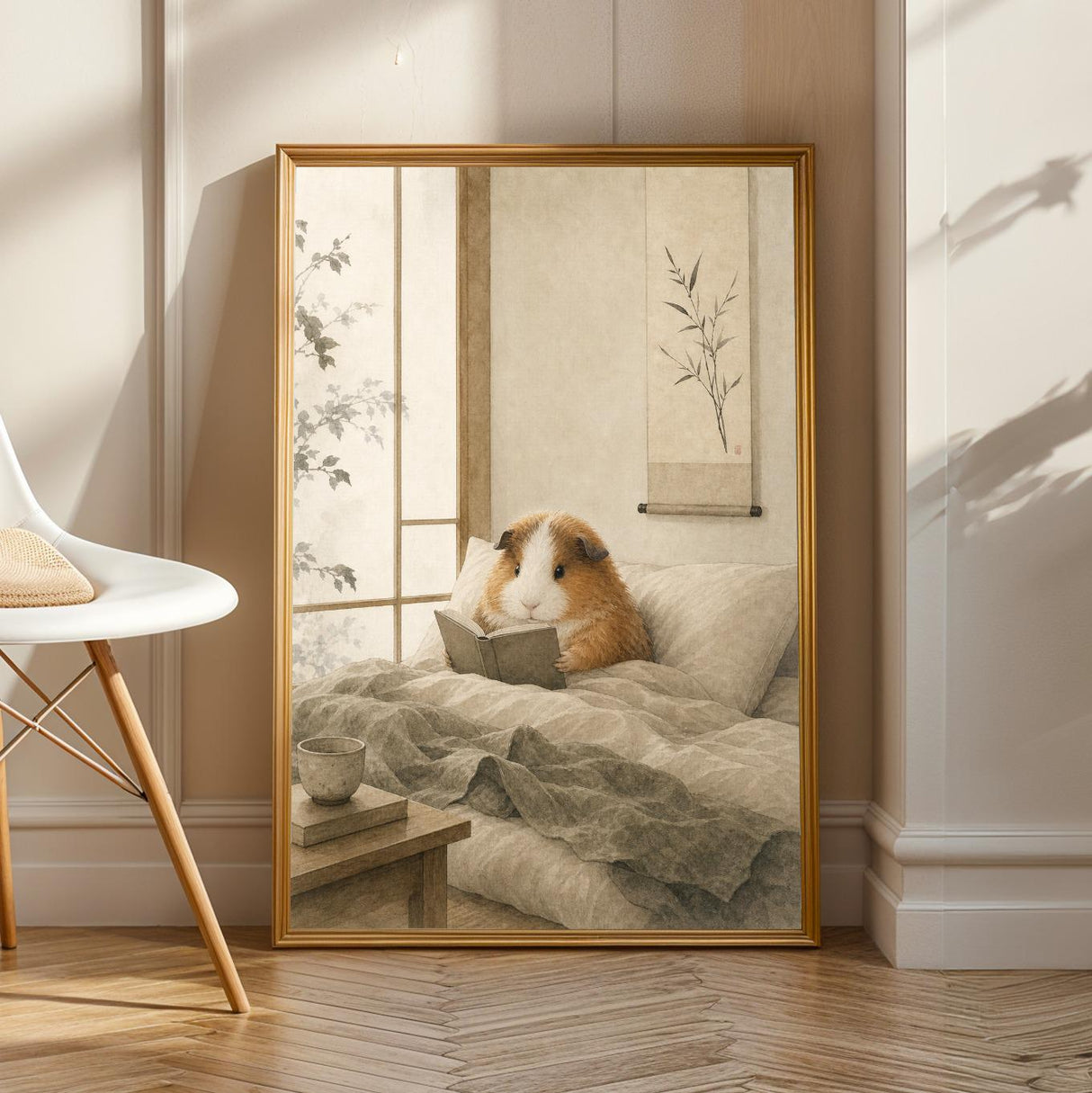Teddy Guinea Pig Reading in Bed Poster | Japanese Zen Sumi-e Guinea Pig Wall Art | Warm Ivory Fog Gray Decor | Minimalist Bedroom Print