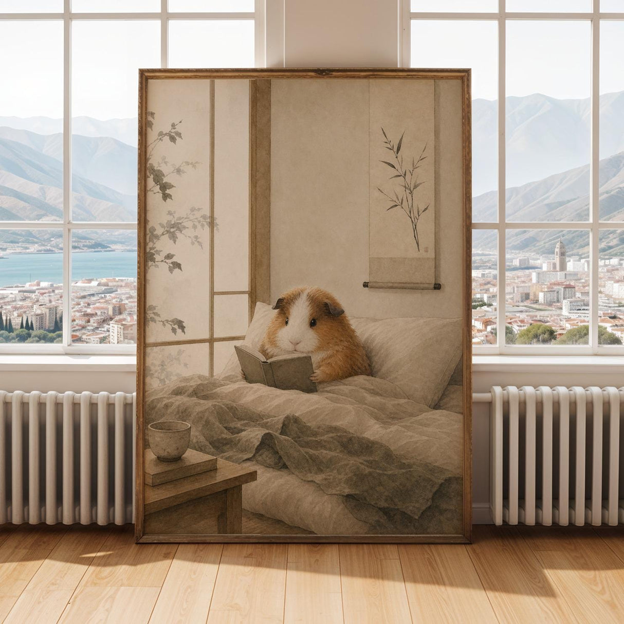 Teddy Guinea Pig Reading in Bed Poster | Japanese Zen Sumi-e Guinea Pig Wall Art | Warm Ivory Fog Gray Decor | Minimalist Bedroom Print