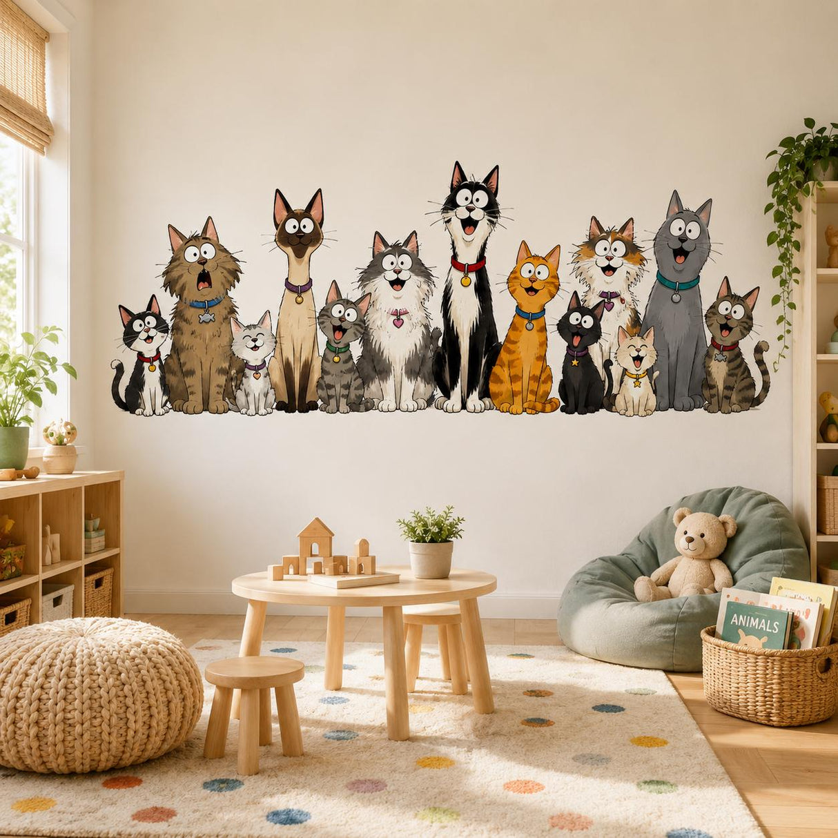 Funny Cat Group Wall Vinyl Decal | Cartoon Kittens Lineup Sticker | Pet Lover Wall Art | Kids Room Playroom Decor | Cute Cat Breeds