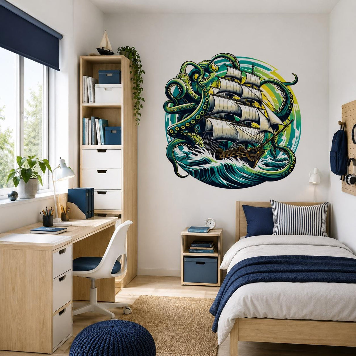Kraken Pirate Ship Wall Vinyl Decal | Octopus Sea Monster Sticker | Nautical Ocean Wall Art | Sailing Adventure Decor | 3D Wave Design