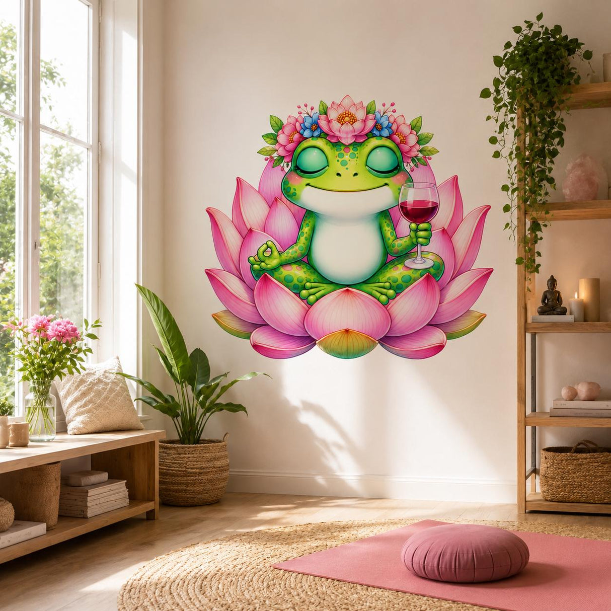 Weird Zen Frog Wall Vinyl Decal | Lotus Frog With Wine Sticker | Funny Meditation Wall Art | Yoga Room Spa Decor