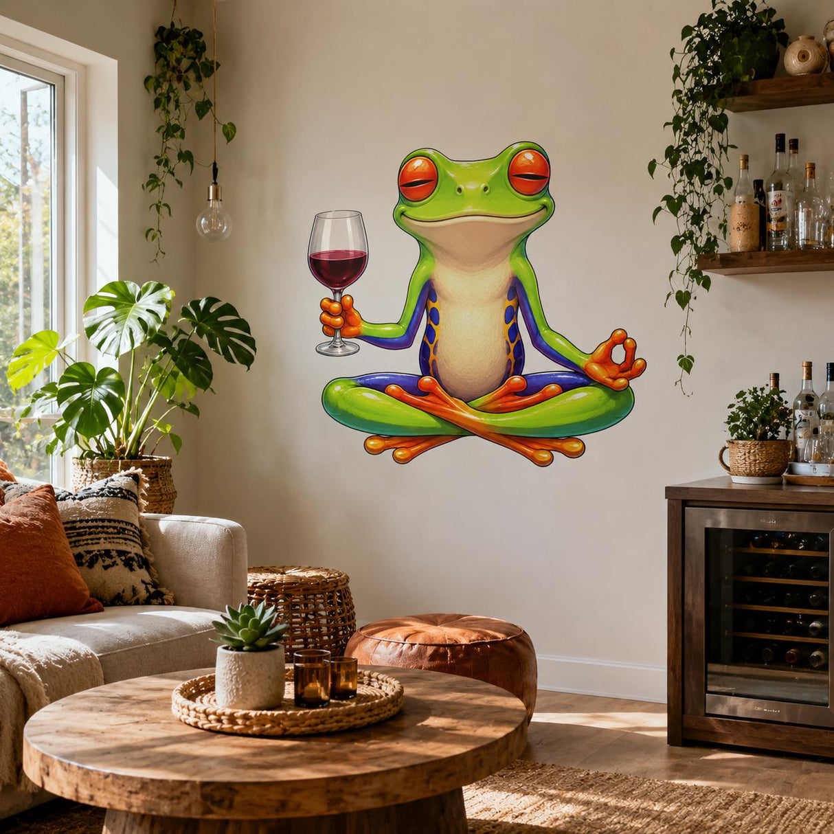 Weird Wine Frog Wall Vinyl Decal | Funny Meditation Frog Sticker | Yoga Frog Wall Art | Quirky Bathroom Kitchen Bar Decor