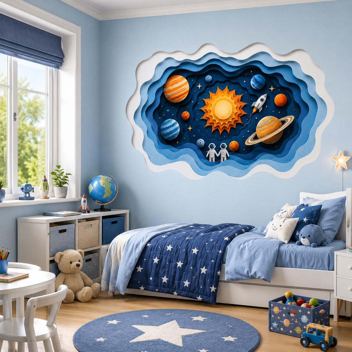 Layered Solar System Wall Vinyl Decal | Paper Cut Space Illusion Sticker | Planets Rocket Astronaut Wall Art | Nursery Kids Room Decor