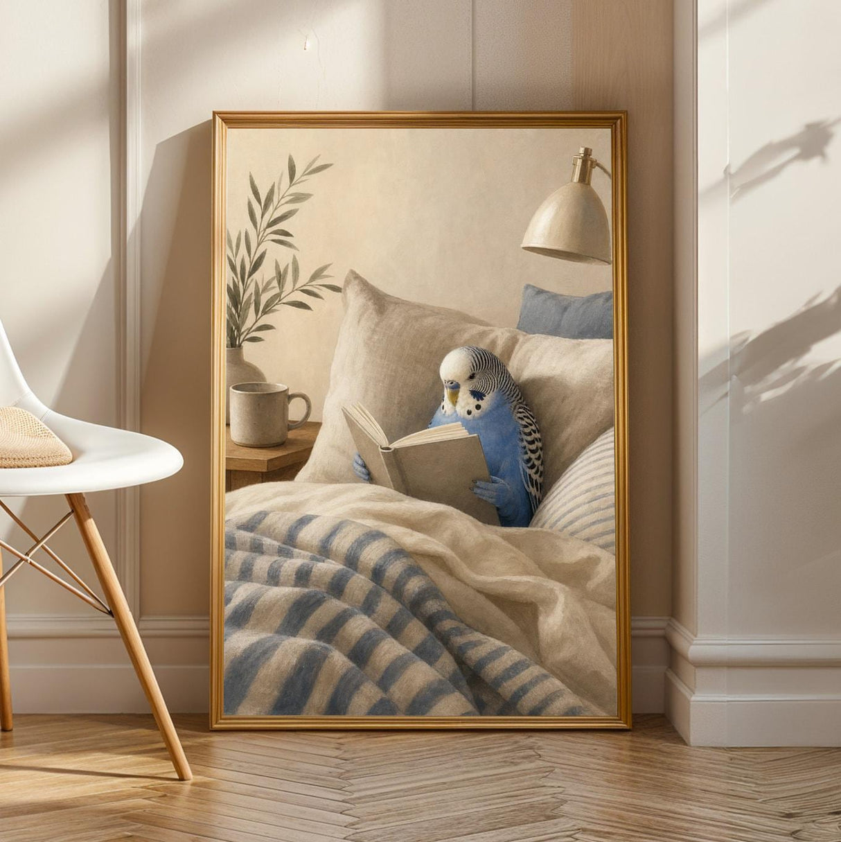 Cobalt Blue Budgerigar Reading in Bed Poster | Modern Gouache Bird Wall Art | Cobalt Blue Warm Beige Decor | Cozy Minimalist Bedroom Print