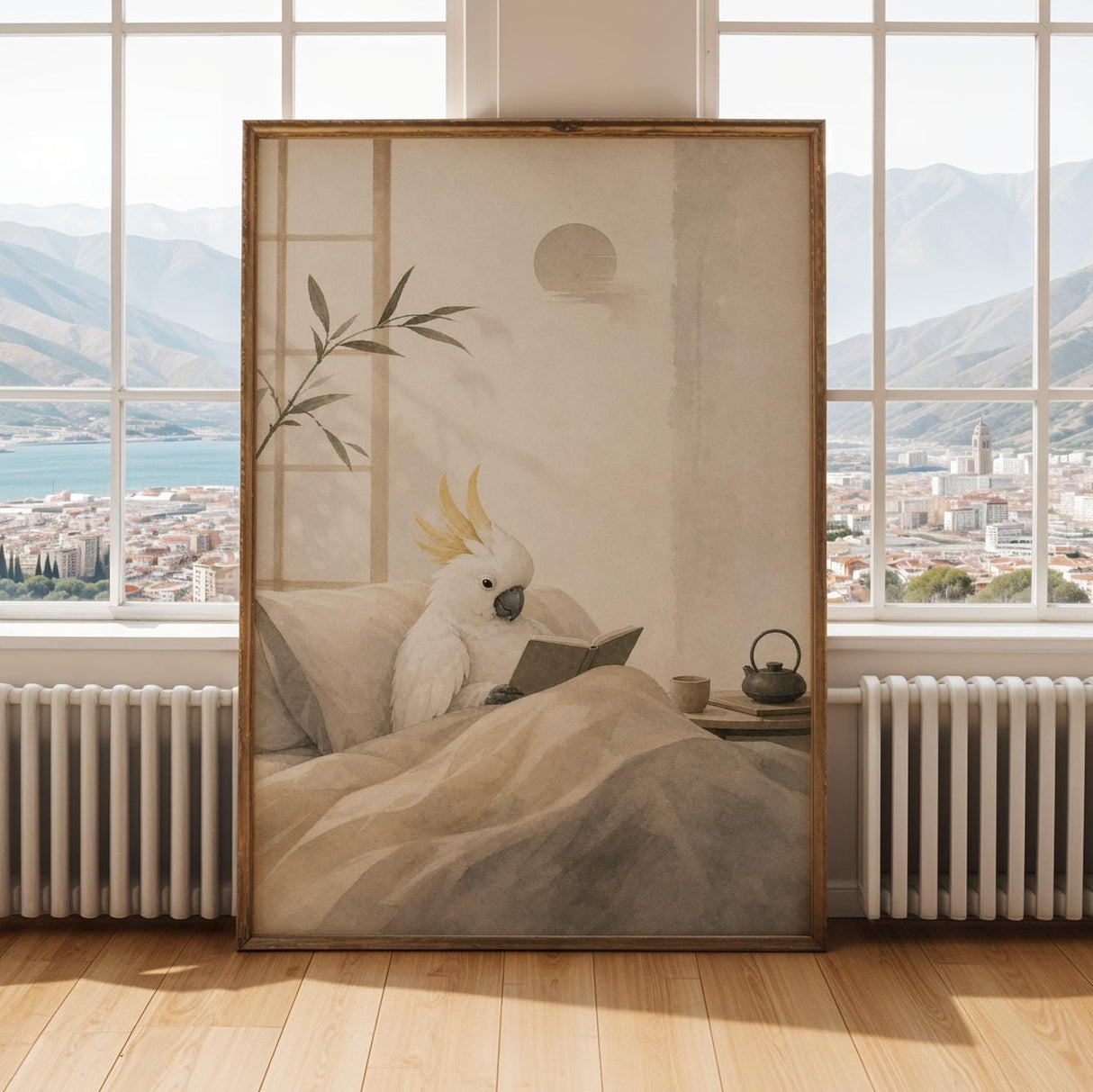 White Cockatoo Reading in Bed Poster | Japanese Zen Ink Wash Bird Wall Art | Warm Ivory Fog Gray Decor | Cozy Minimalist Reading Nook Print