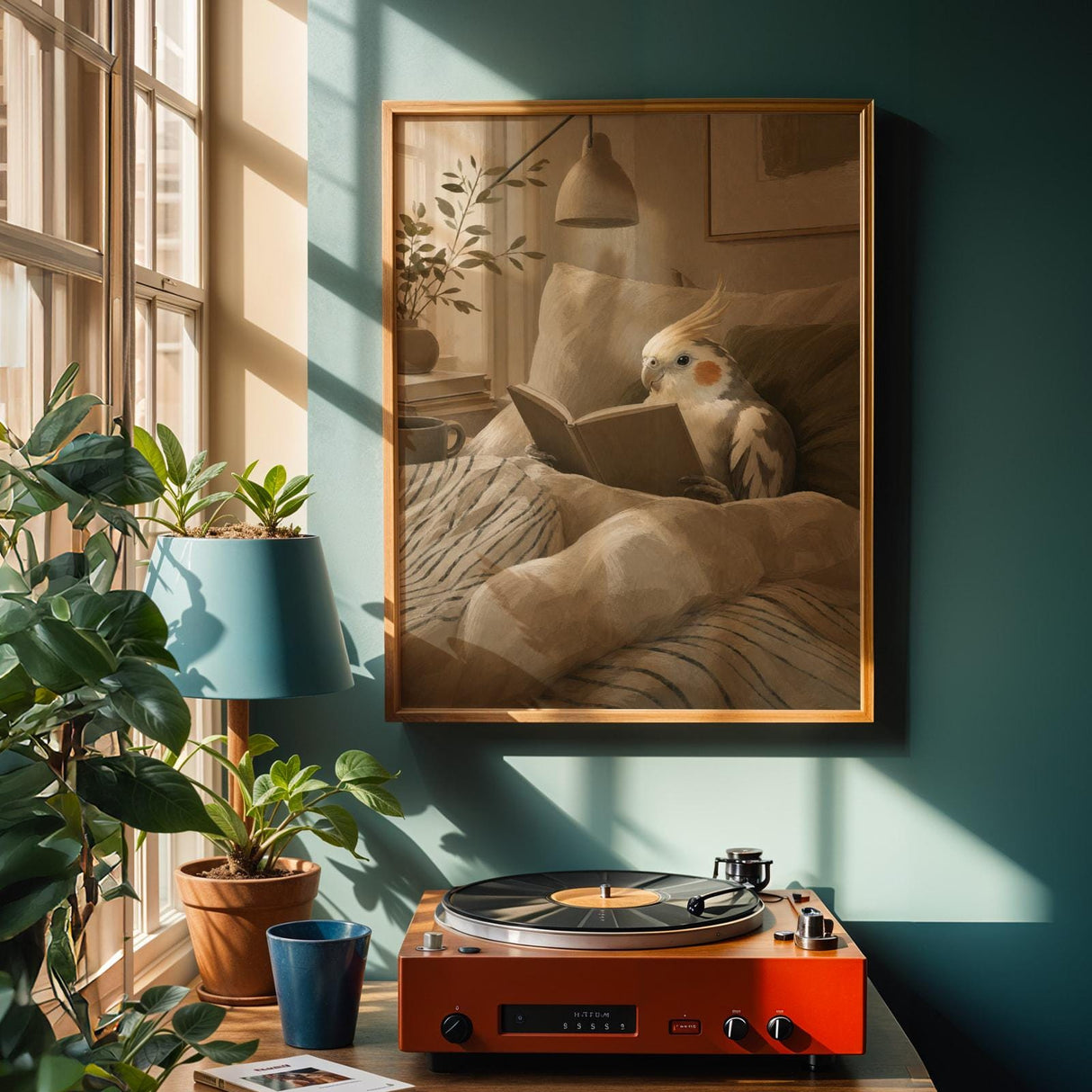 Pied Cockatiel Reading in Bed Poster | Scandinavian Gouache Bird Wall Art | Warm Beige Ivory Decor | Cozy Minimalist Bedroom Print