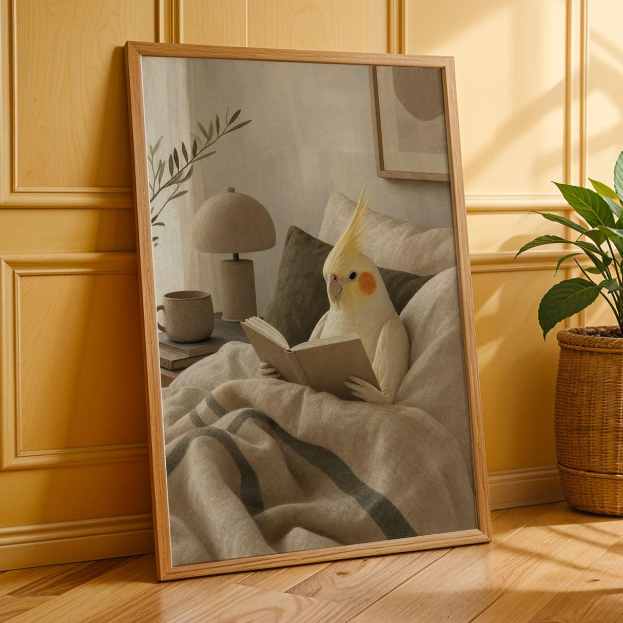 Lutino Cockatiel Reading in Bed Poster | Modern Soft Gouache Bird Wall Art | Warm Beige Oat Milk Decor | Cozy Minimalist Bedroom Print