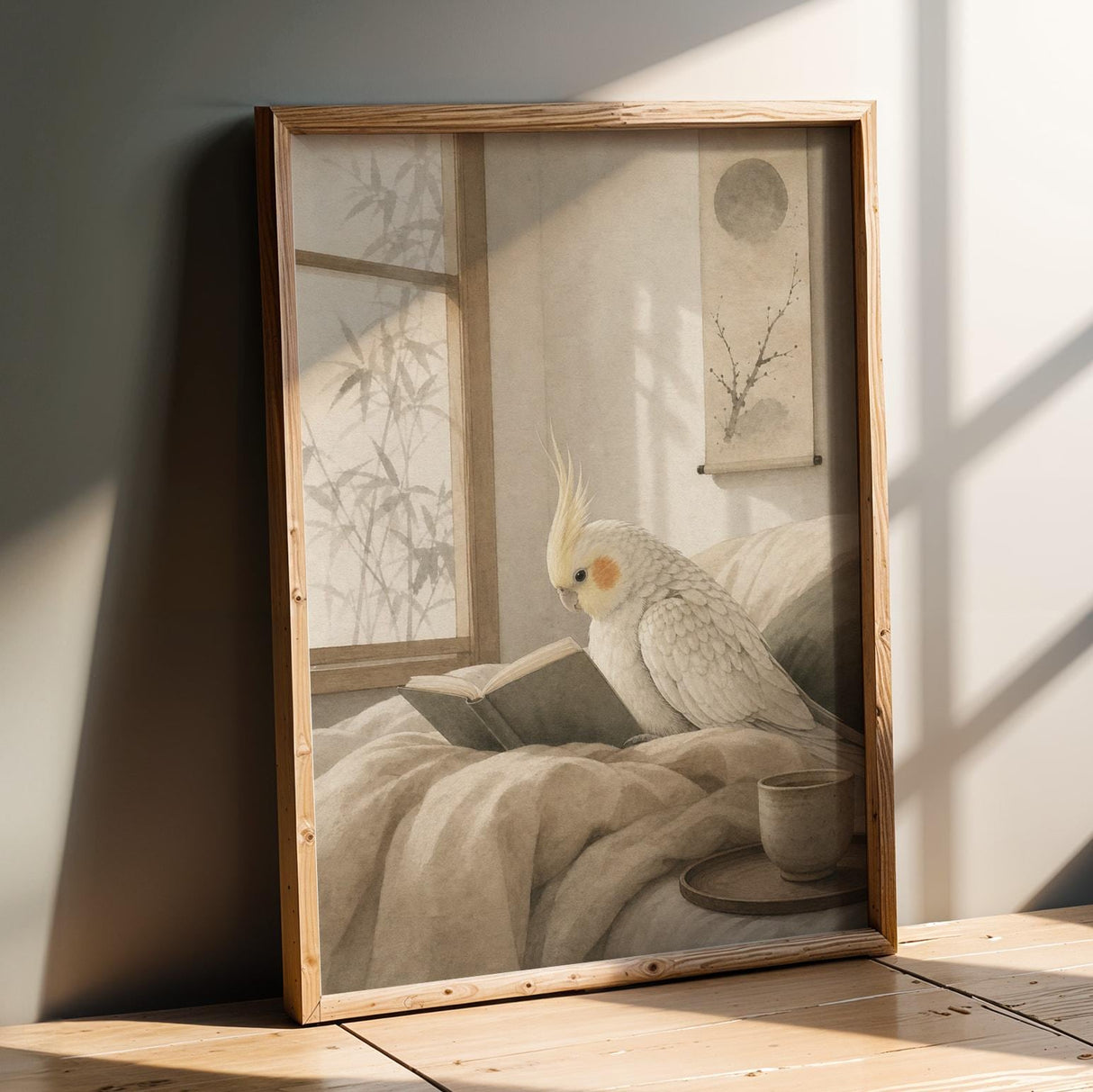Pearl Cockatiel Reading in Bed Poster | Japanese Zen Ink Wash Bird Wall Art | Warm Ivory Sand Taupe Decor | Minimalist Bedroom Print