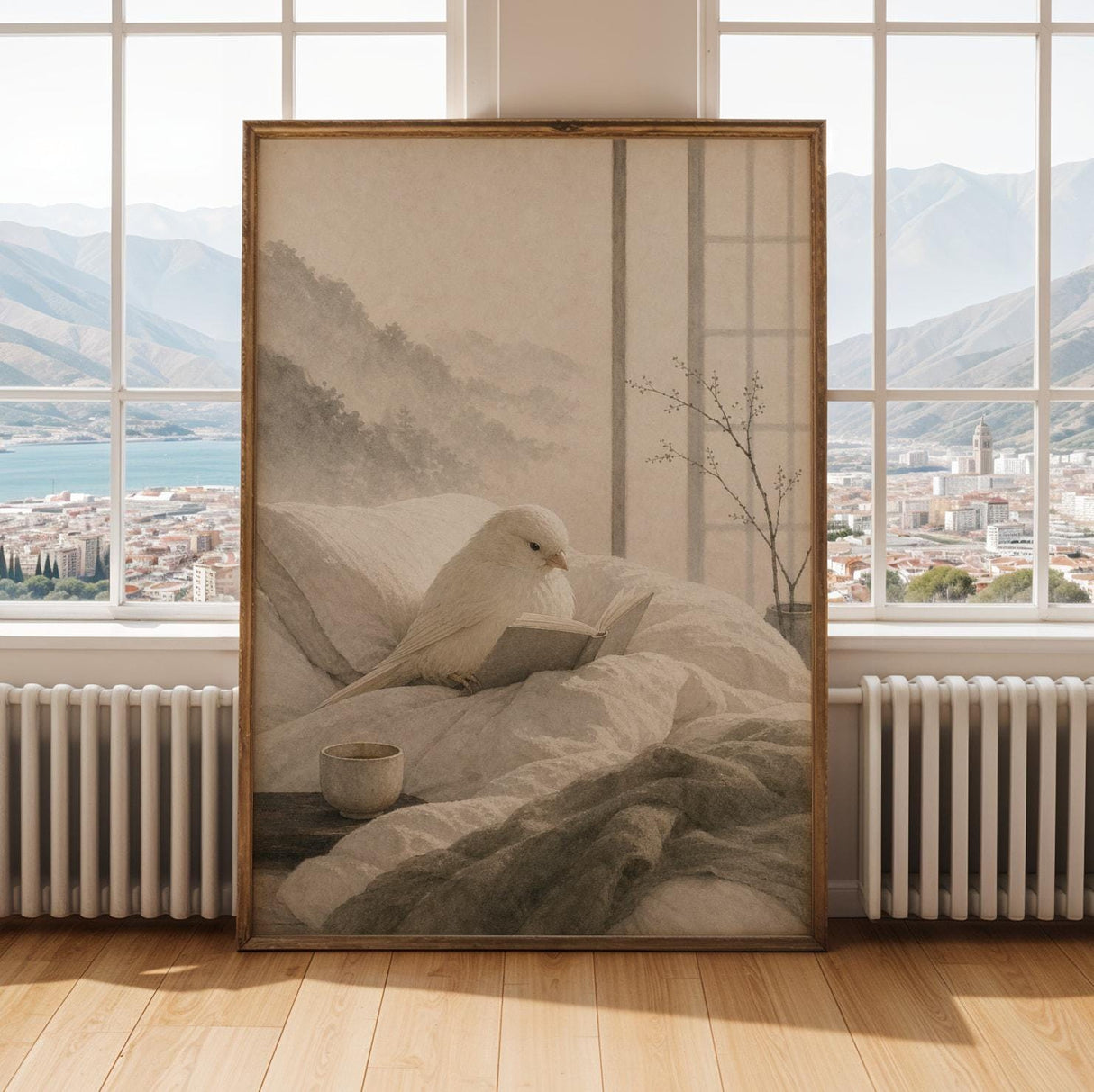 Yorkshire Canary Reading in Bed Poster | Japanese Zen Ink Wash Bird Wall Art | Warm Ivory Fog Gray Decor | Minimalist Bedroom Print
