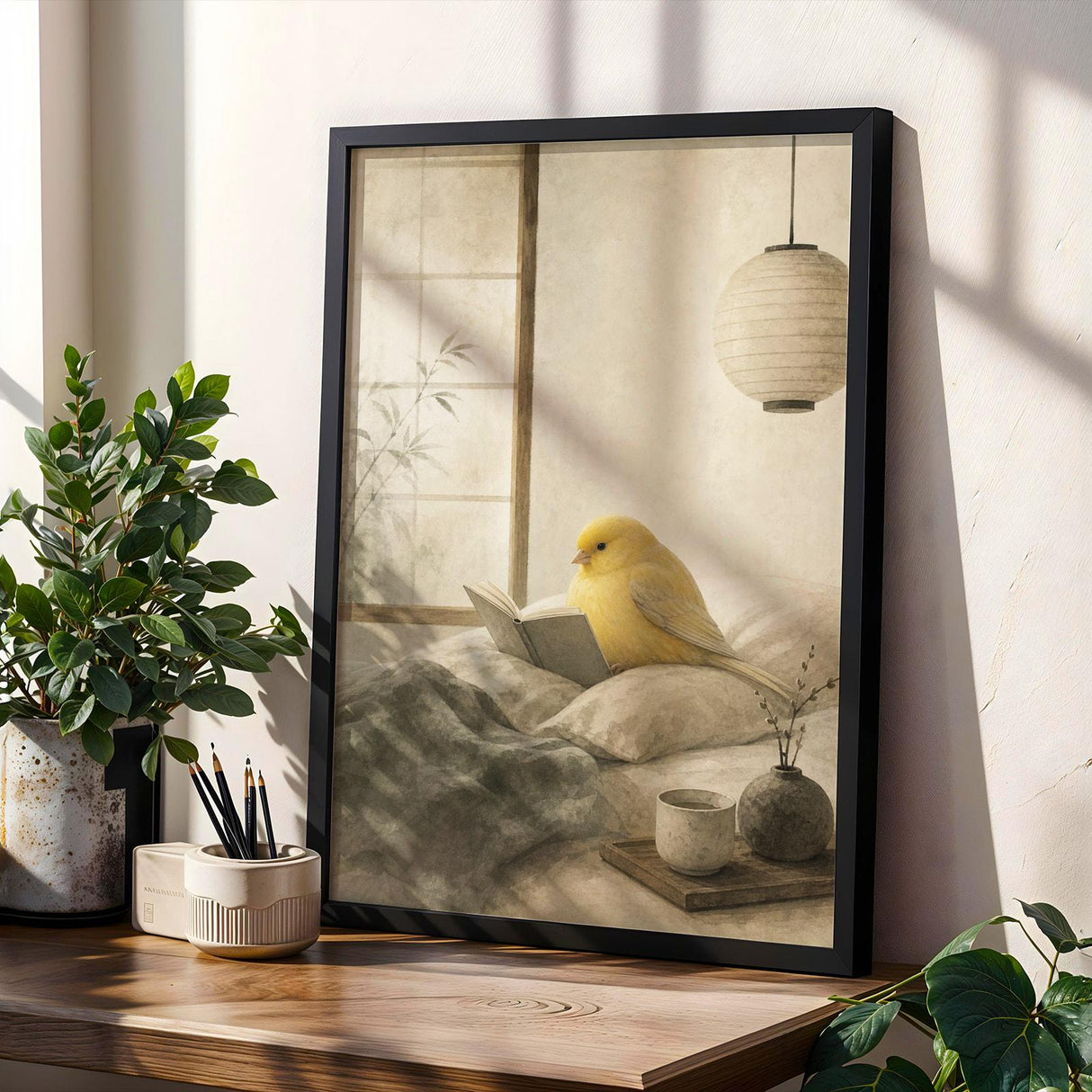 Gloster Canary Reading in Bed Poster | Japanese Zen Sumi-e Bird Wall Art | Warm Ivory Mustard Decor | Minimalist Bedroom Print