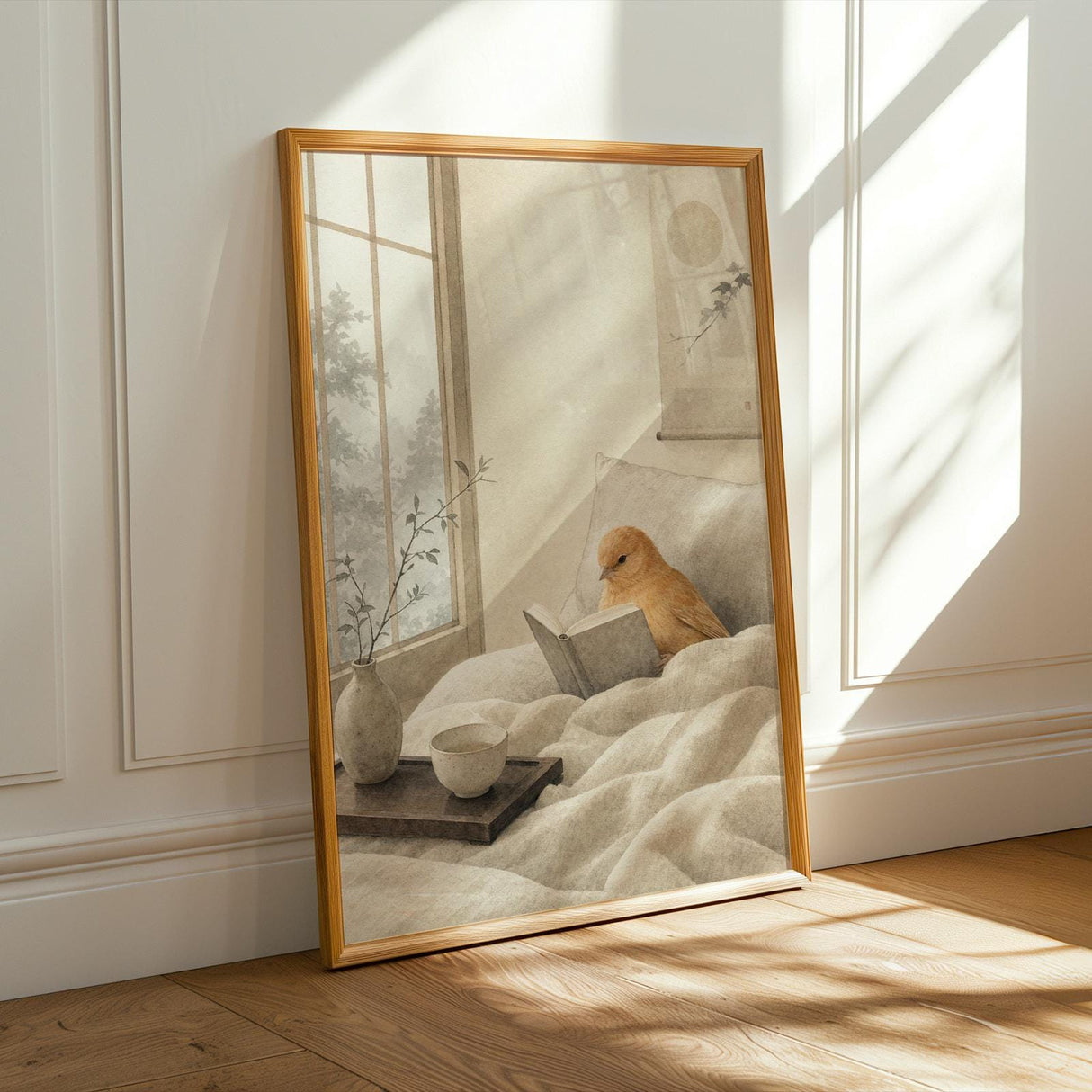 Cinnamon Canary Reading in Bed Poster | Japanese Zen Sumi-e Bird Wall Art | Warm Ivory Neutral Decor | Minimalist Bedroom Print