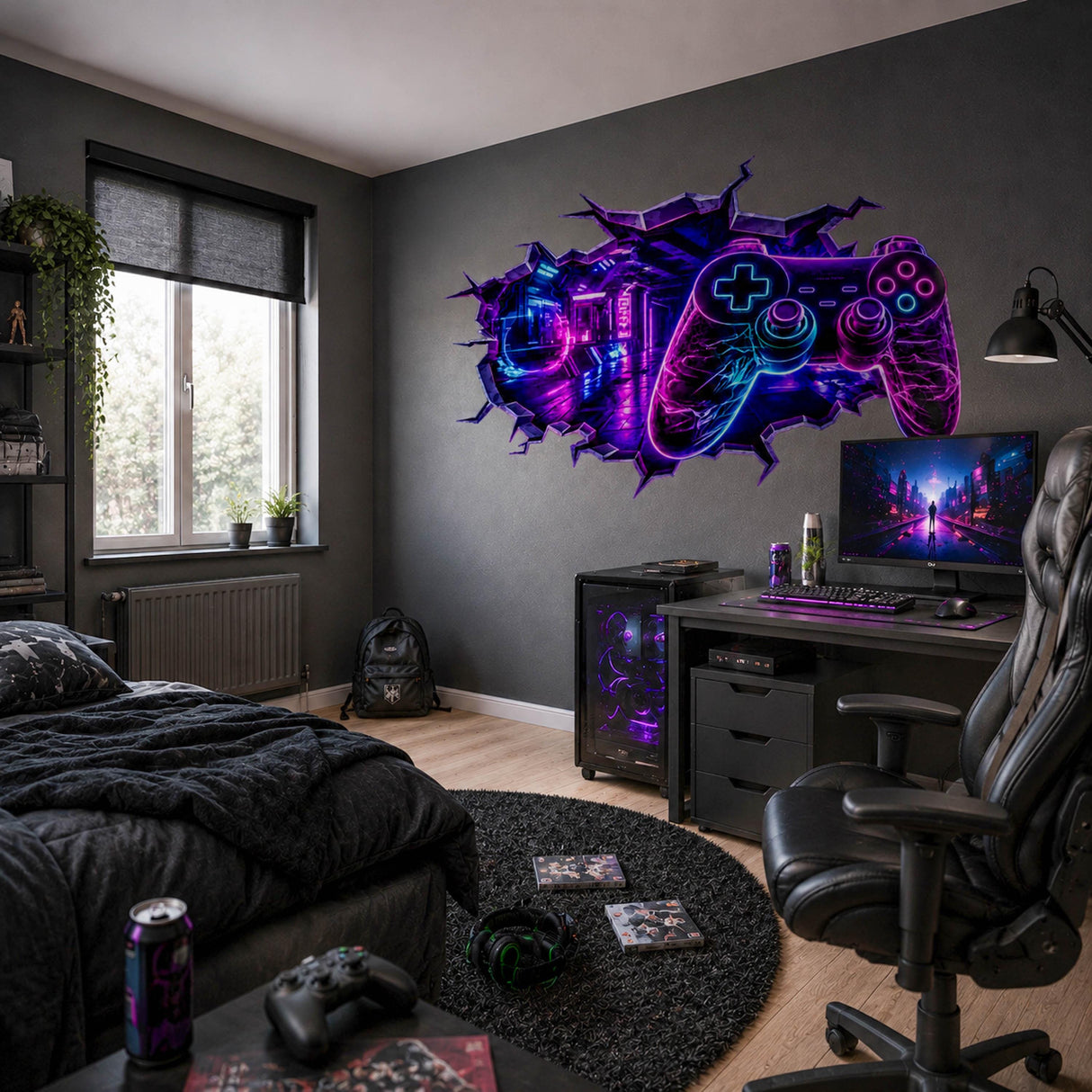 Gaming Wall Vinyl Decal | Neon Controller Broken Wall Illusion Sticker | Gamer Room LED Arcade Wall Art | Teen Bedroom Decor