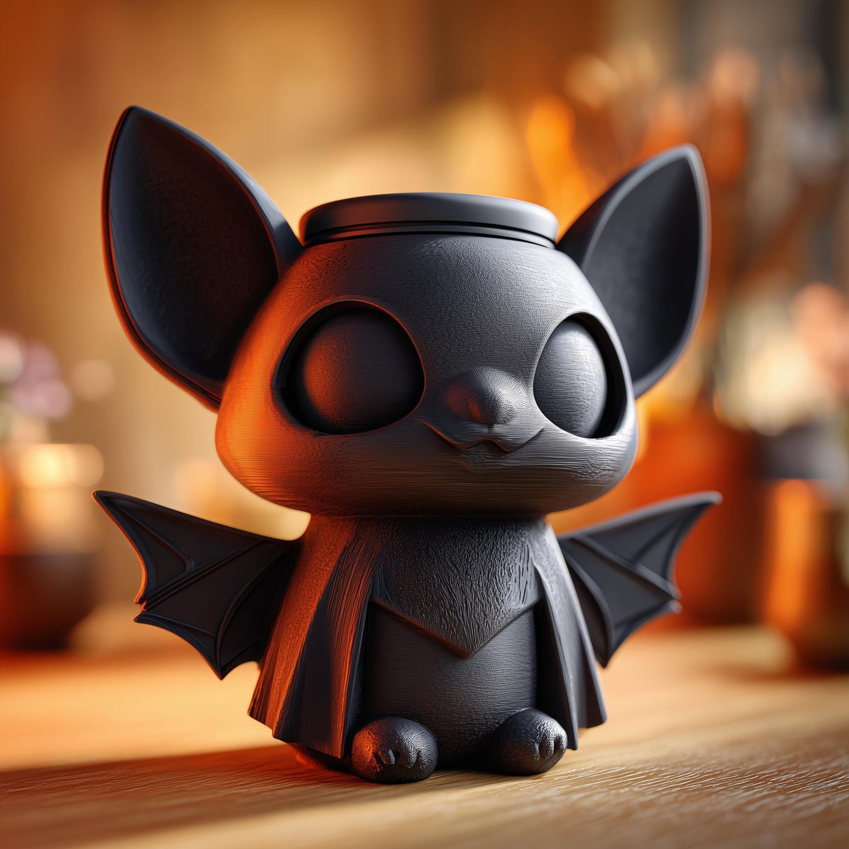 3D printed bat memorial urn with large ears, folded wings, and removable lid displayed on a wooden table in warm ambient lighting.