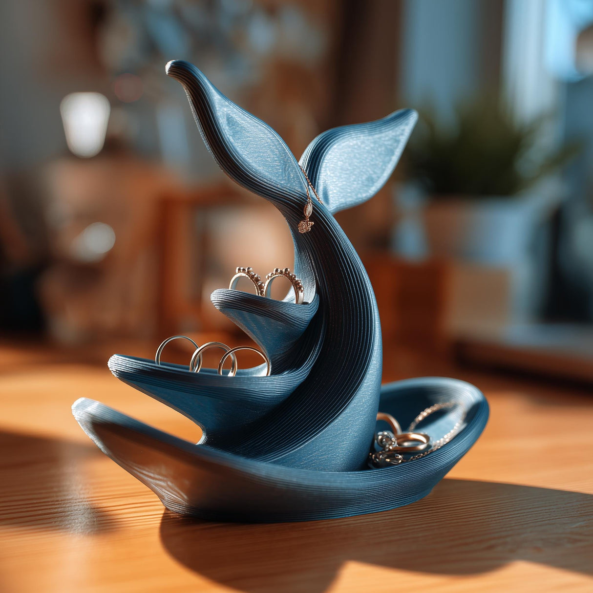 3D printed whale tail jewelry holder on a wooden surface, with curved tray sections holding rings and small jewelry pieces in a softly lit room.