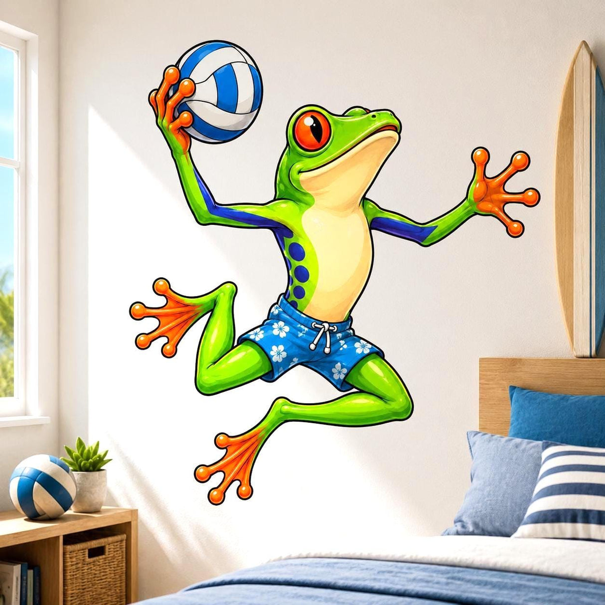 Bright green cartoon frog in blue floral shorts jumping while holding a blue-and-white volleyball, with orange toes and large red eyes on a white background.