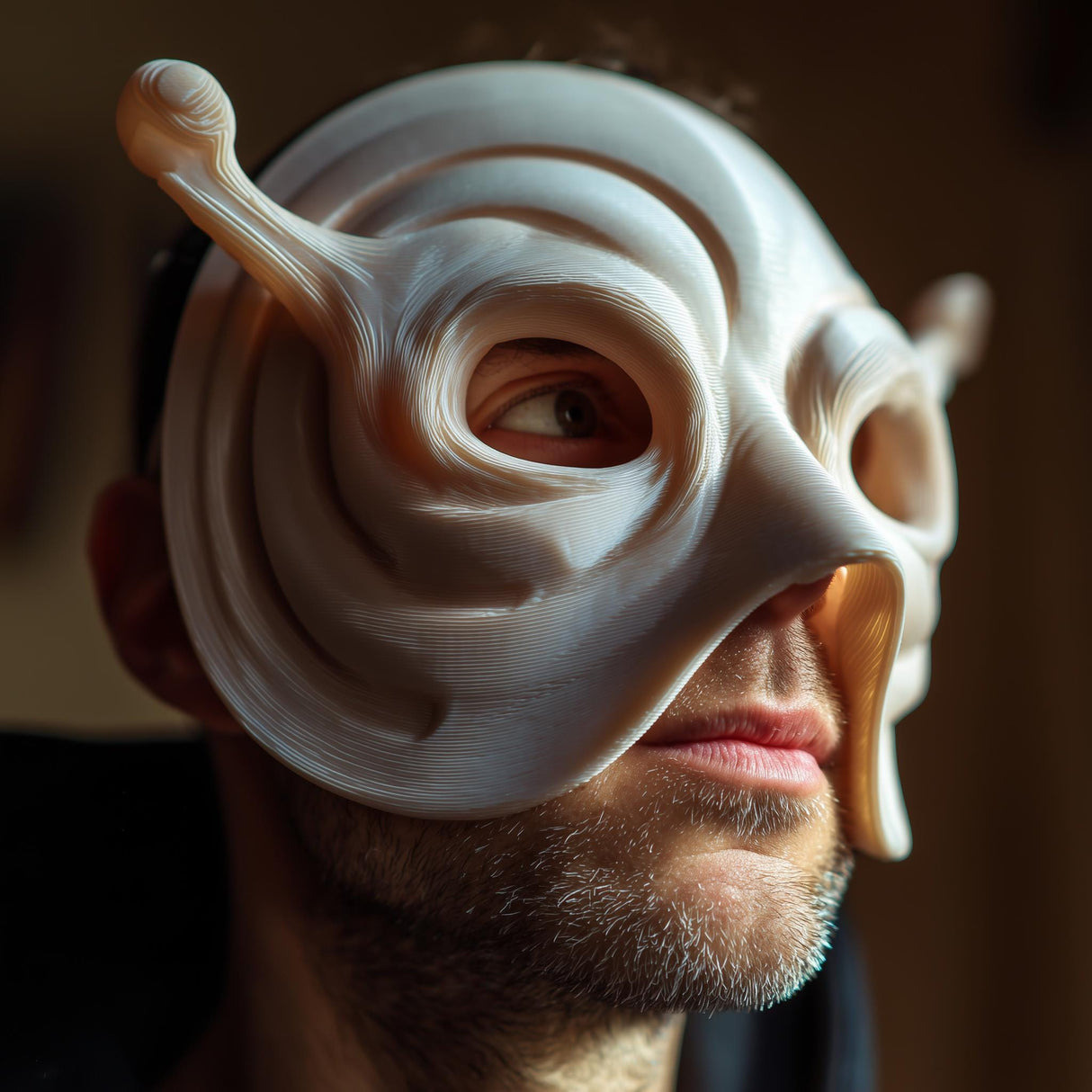 Wearable snail-inspired fantasy mask with large eye openings, shell-shaped side detail, antenna accents, and sculptural texture shown on a person’s face.