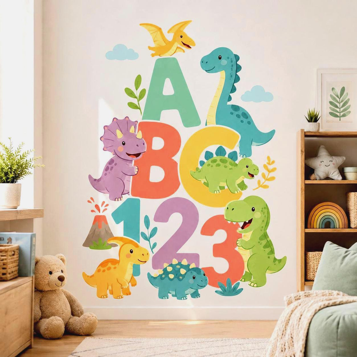 Colorful children’s illustration with large ABC letters and 123 numbers surrounded by friendly dinosaurs, a flying pterosaur, volcano, clouds, leaves, and plants on a white background.