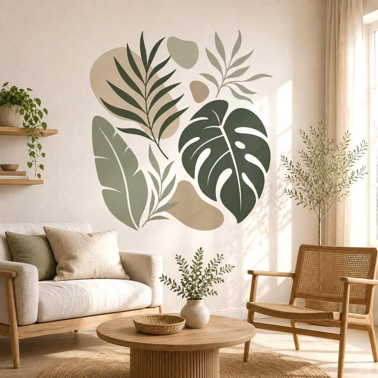 Abstract tropical botanical design on a white background with a large dark green monstera leaf, a sage banana-style leaf, slender leafy branches, and soft beige and tan organic shapes.