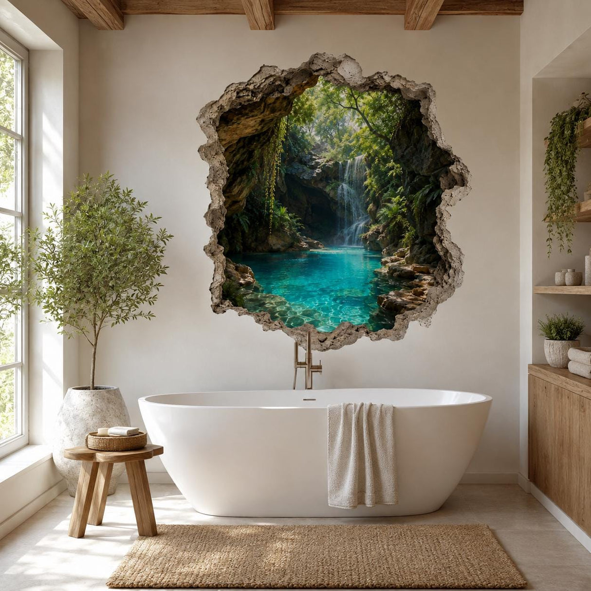 3D Tropical Waterfall Wall Decal | Tropical Cave Wall Sticker | Turquoise Lagoon Wall Art | Nature Bedroom Decor | Waterfall Wall Decoration