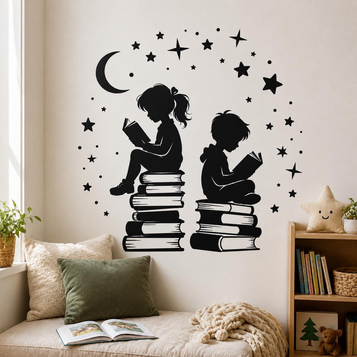 Kids Reading Wall Decal | Book Lover Wall Sticker | Classroom Library Decor | Reading Nook Wall Art | Children Books & Moon Stars Wall Decor