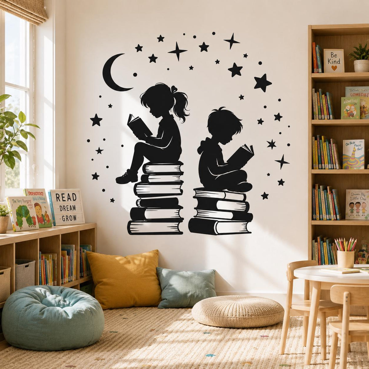 Kids Reading Wall Decal | Book Lover Wall Sticker | Classroom Library Decor | Reading Nook Wall Art | Children Books & Moon Stars Wall Decor