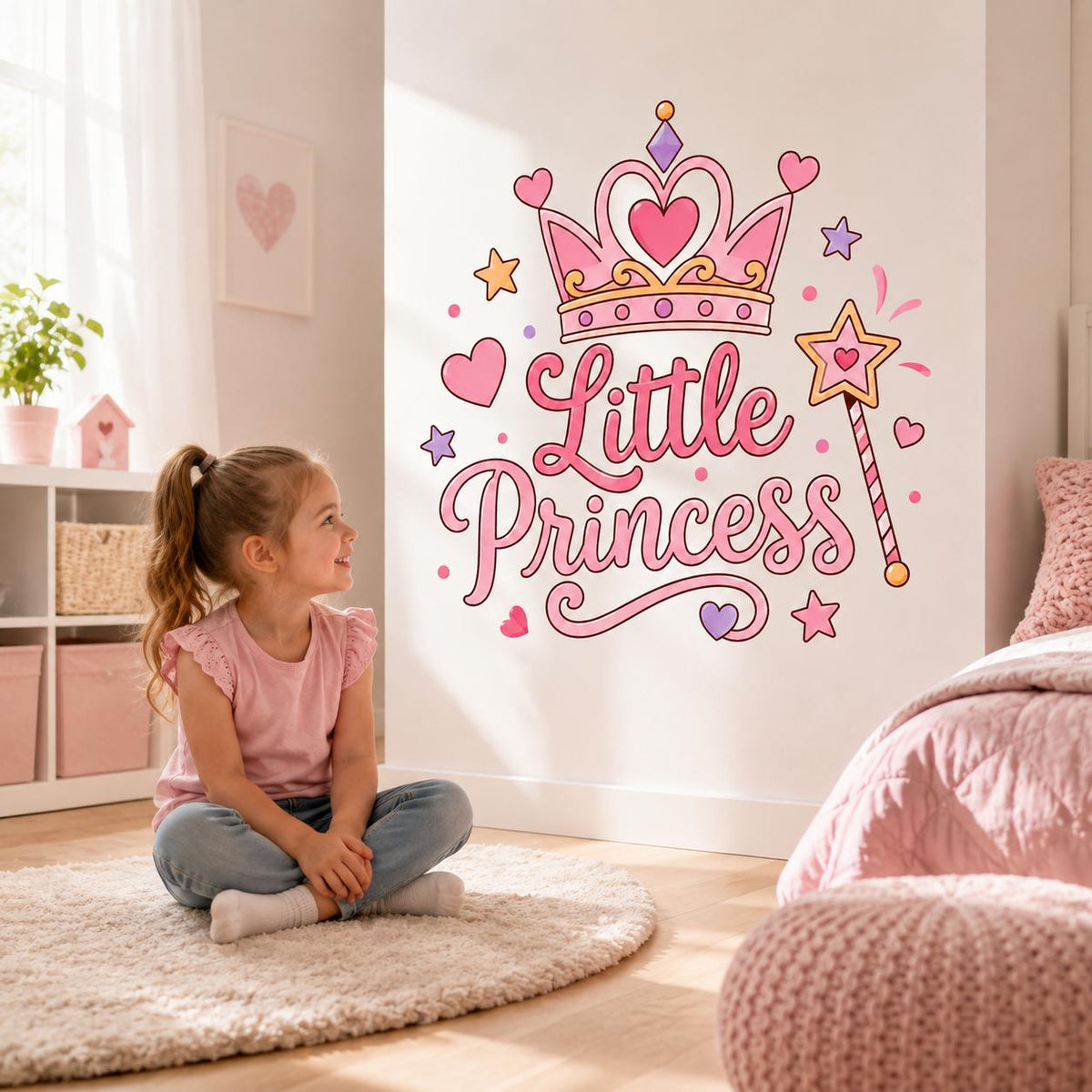 Настенная наклейка Little Princess с розовой короной для детской.