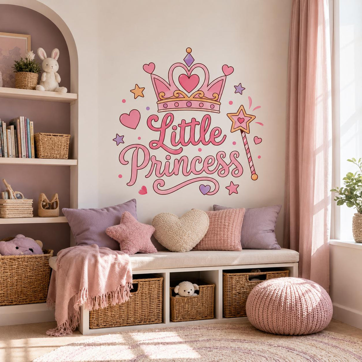 Настенная наклейка Little Princess с розовой короной для детской.