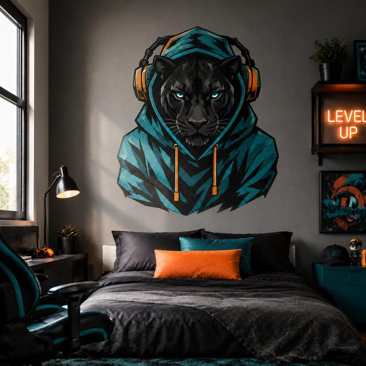 Black leopard gamer wall decal with turquoise eyes, a teal hoodie and orange-accented headphones
