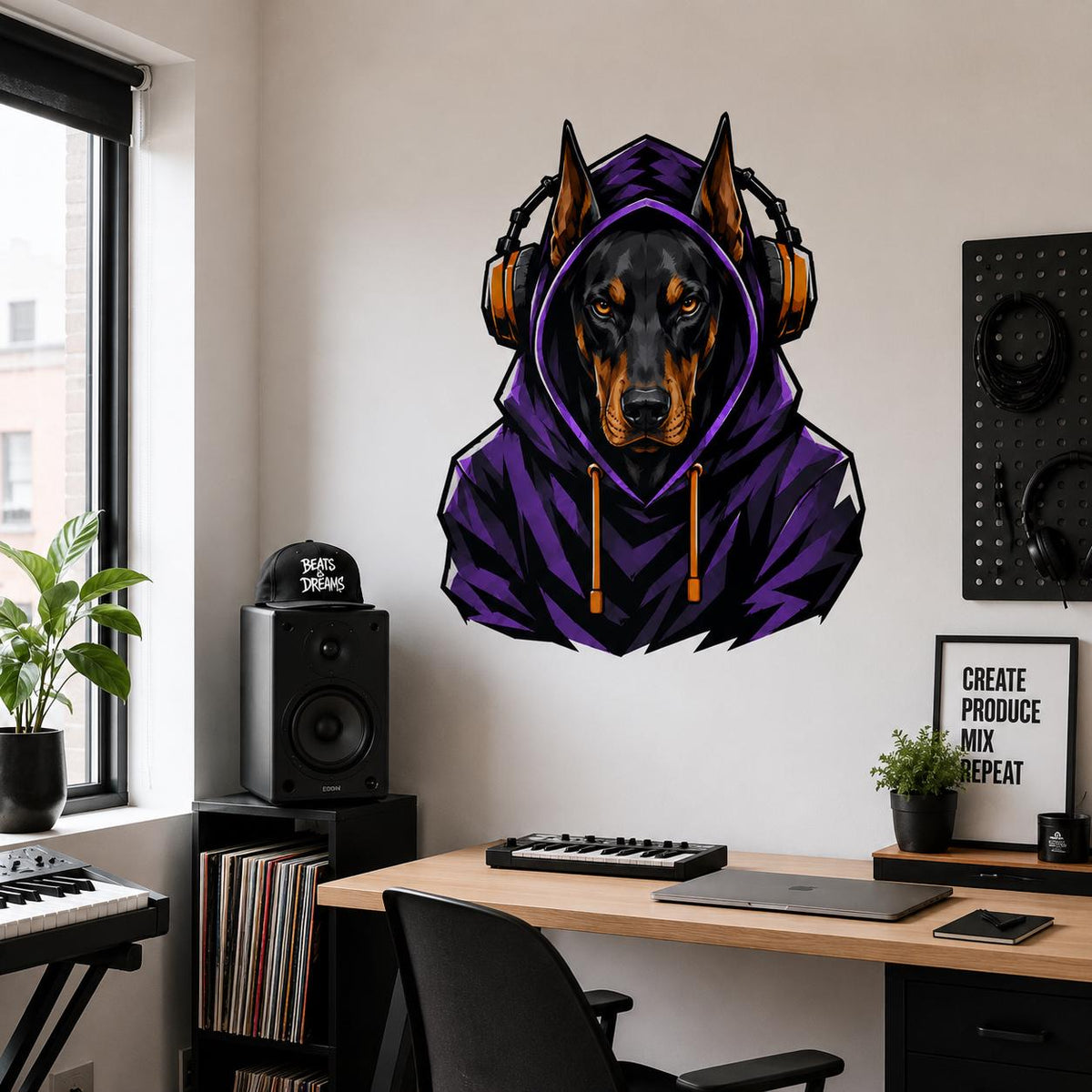 Doberman Gamer Wall Decal | Gaming Doberman Wall Sticker | Purple Hoodie Dog Decor | Teen Game Room Wall Art | Gamer Bedroom Wall Decoration