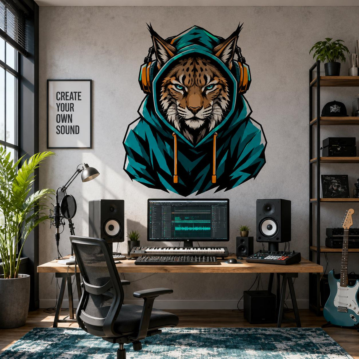 Lynx Gamer Wall Decal | Gaming Lynx Wall Sticker | Headphones Animal Decor | Teen Room Wall Art | Teal Hoodie Gaming Bedroom Wall Decoration