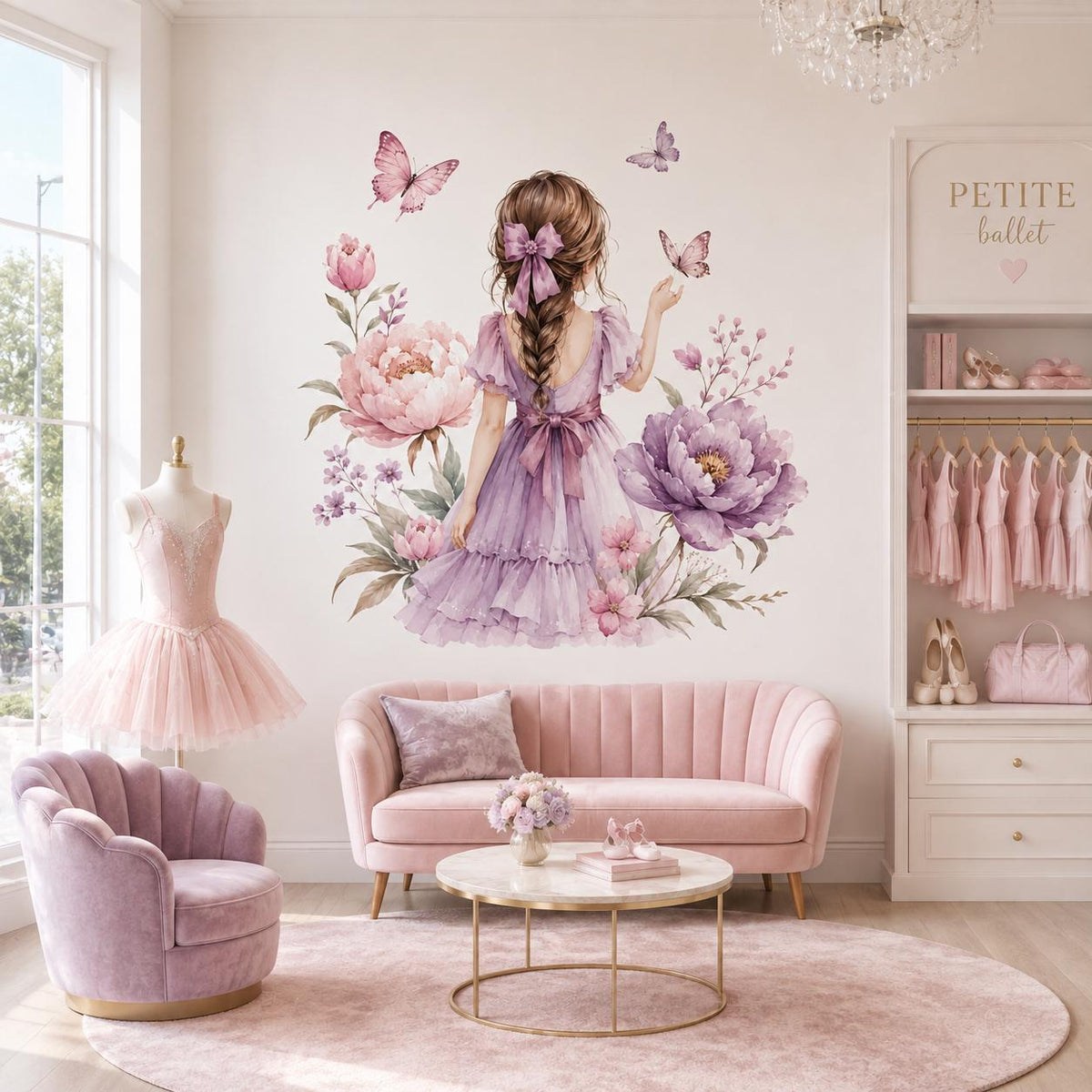 Watercolor Braided Girl Floral Wall Decal | Butterfly Nursery Decor | Purple Flower Wall Sticker | Girls Bedroom Vinyl Decor | Peony Flowers