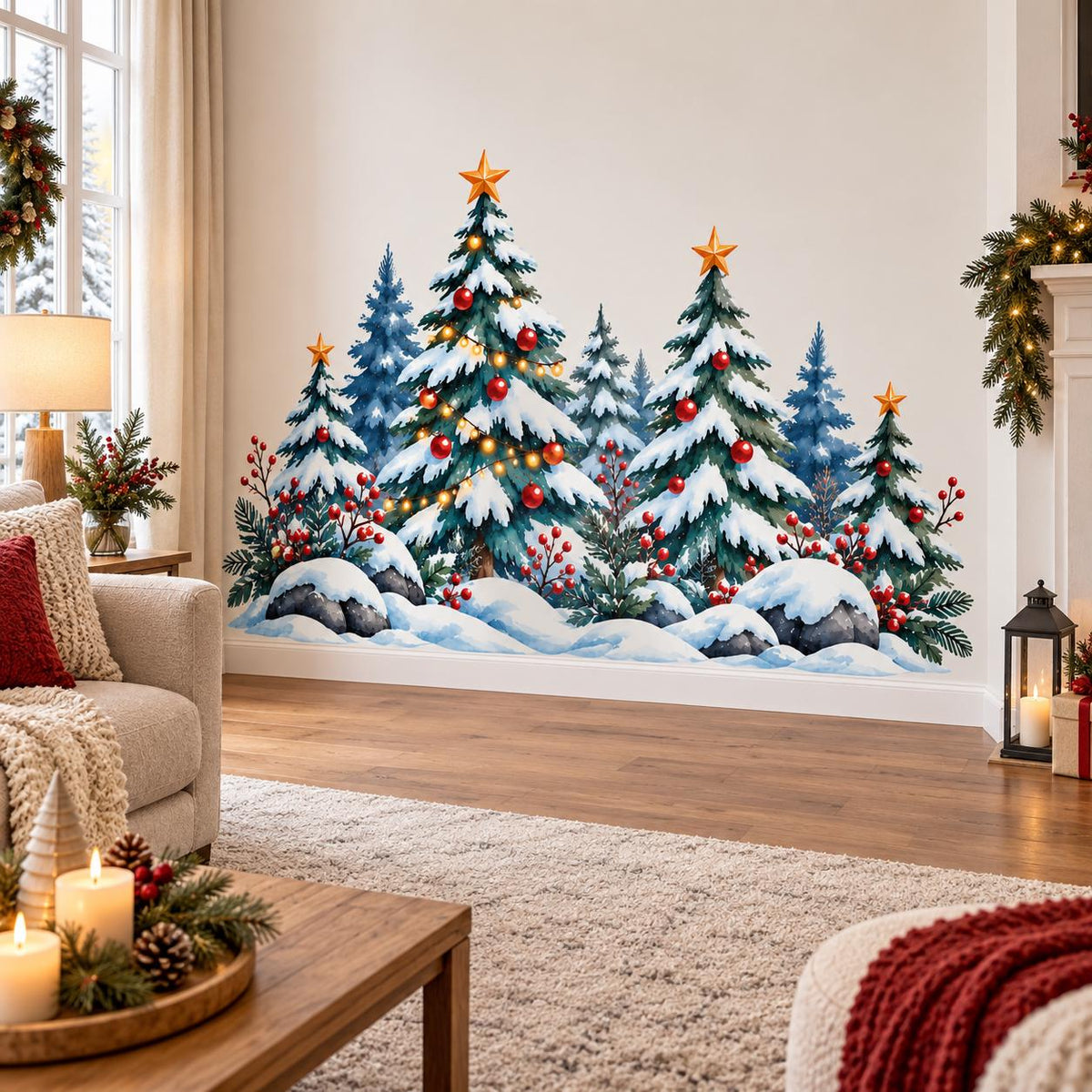 Christmas Tree Wall Decal | Snowy Winter Forest Wall Sticker | Holiday Pine Trees Decor | Christmas Nursery Wall Art | Winter Woodland Decor