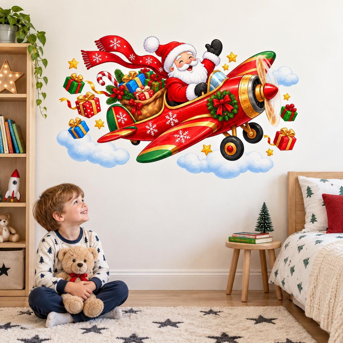 Santa Airplane Wall Decal | Christmas Wall Sticker for Kids Room | Flying Santa Sleigh Holiday Bedroom Decor | Vinyl Wall Decoration Nursery