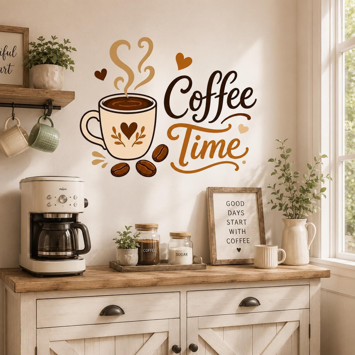 Coffee Time Wall Decal | Coffee Cup and Beans Vinyl Wall Sticker | Kitchen Coffee Bar Decor | Home Cafe Wall Decor | Coffee Station Wall Art