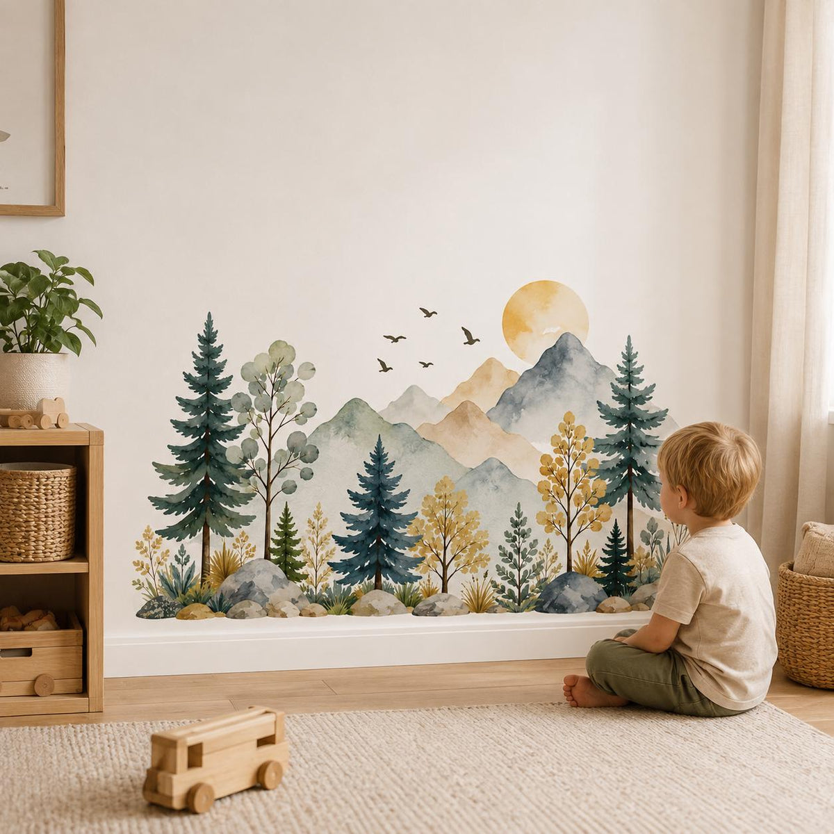 Watercolor Mountain Woodland Wall Decal | Forest Nursery Wall Mural | Kids Room Nature Decor | Vinyl Wall Sticker | Soft Baby Room Decor