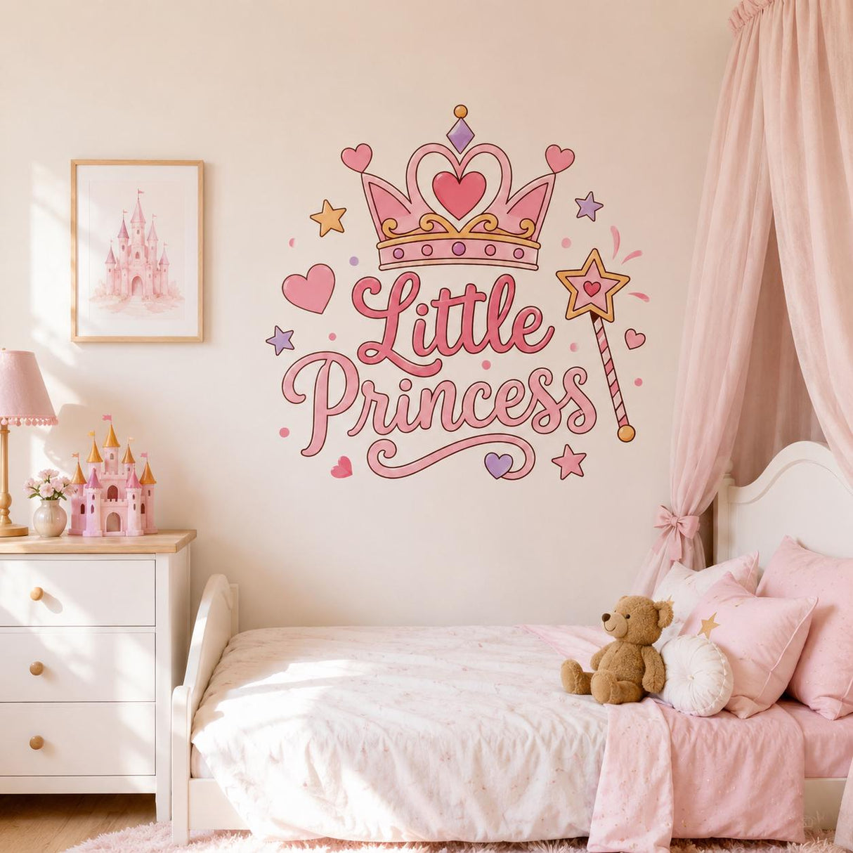 Настенная наклейка Little Princess с розовой короной для детской.