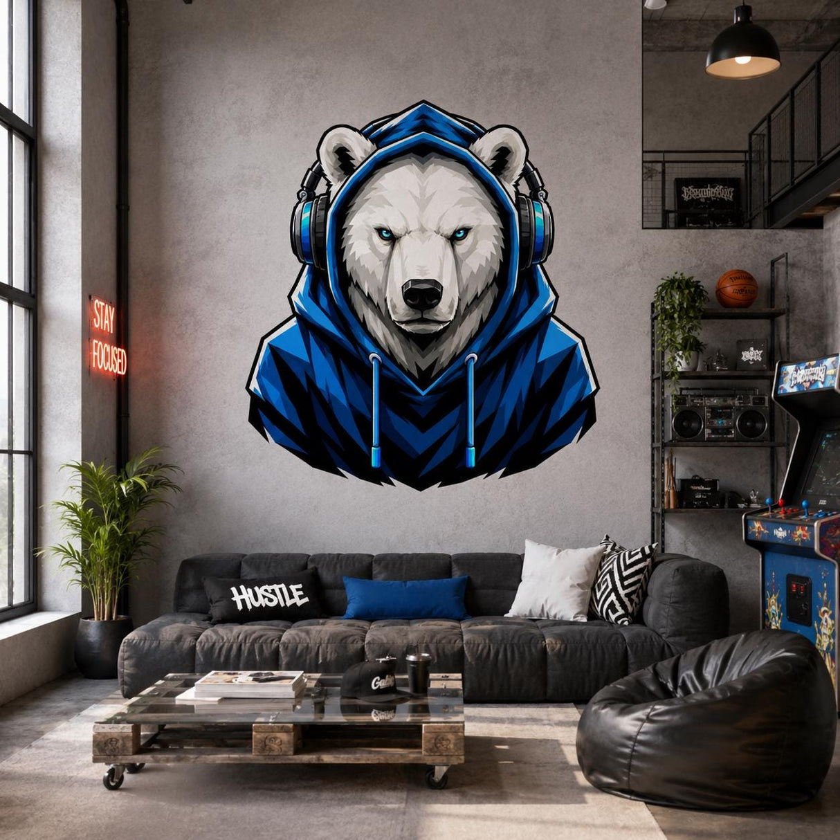 Polar Bear Gamer Wall Decal | Gaming Polar Bear Wall Sticker | Blue Hoodie Animal Decor | Teen Game Room Wall Art | Gamer Bedroom Wall Decor
