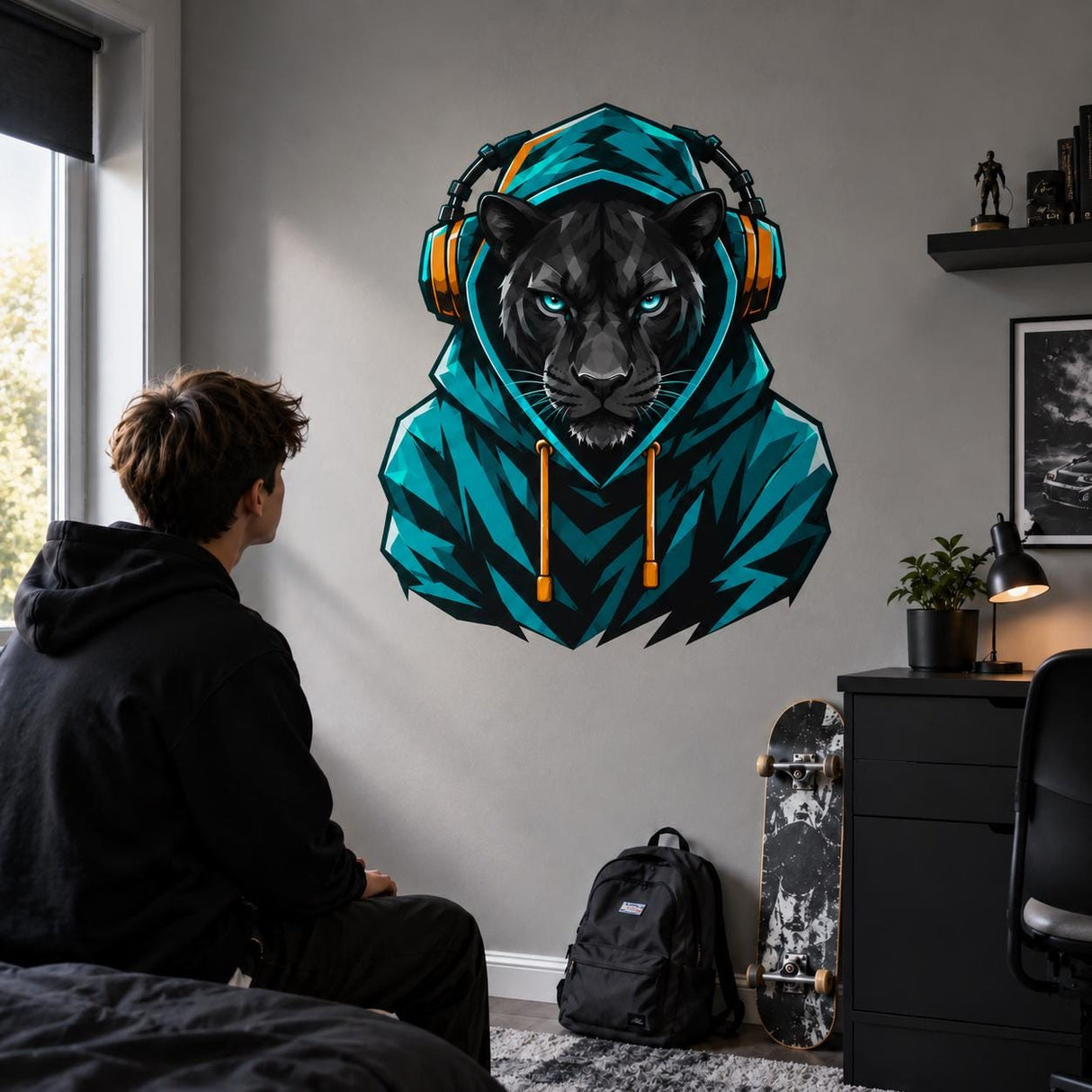 Black leopard gamer wall decal with turquoise eyes, a teal hoodie and orange-accented headphones