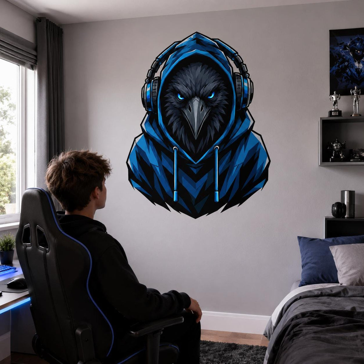 Raven Gamer Wall Decal | Gaming Raven Wall Sticker | Blue Hoodie Animal Decor | Teen Game Room Wall Art | Blue Gamer Bedroom Wall Decoration
