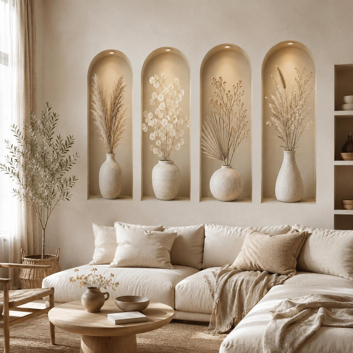 3D Vase Wall Niche Decal | Faux Recessed Shelf Wall Sticker | Neutral Botanical Wall Art | Beige Modern Decor | Living Room Wall Decorations