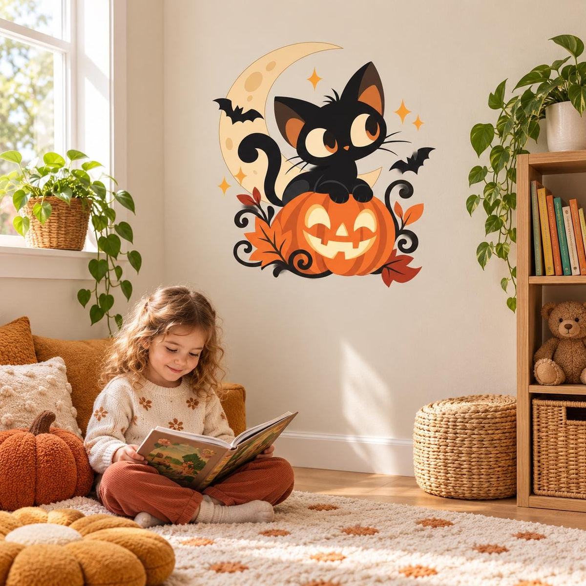 Black Cat Pumpkin Halloween Wall Decal | Cute Jack O Lantern Moon Vinyl Wall Sticker | Fall Home Wall Decor | Kid Friendly Party Decoration