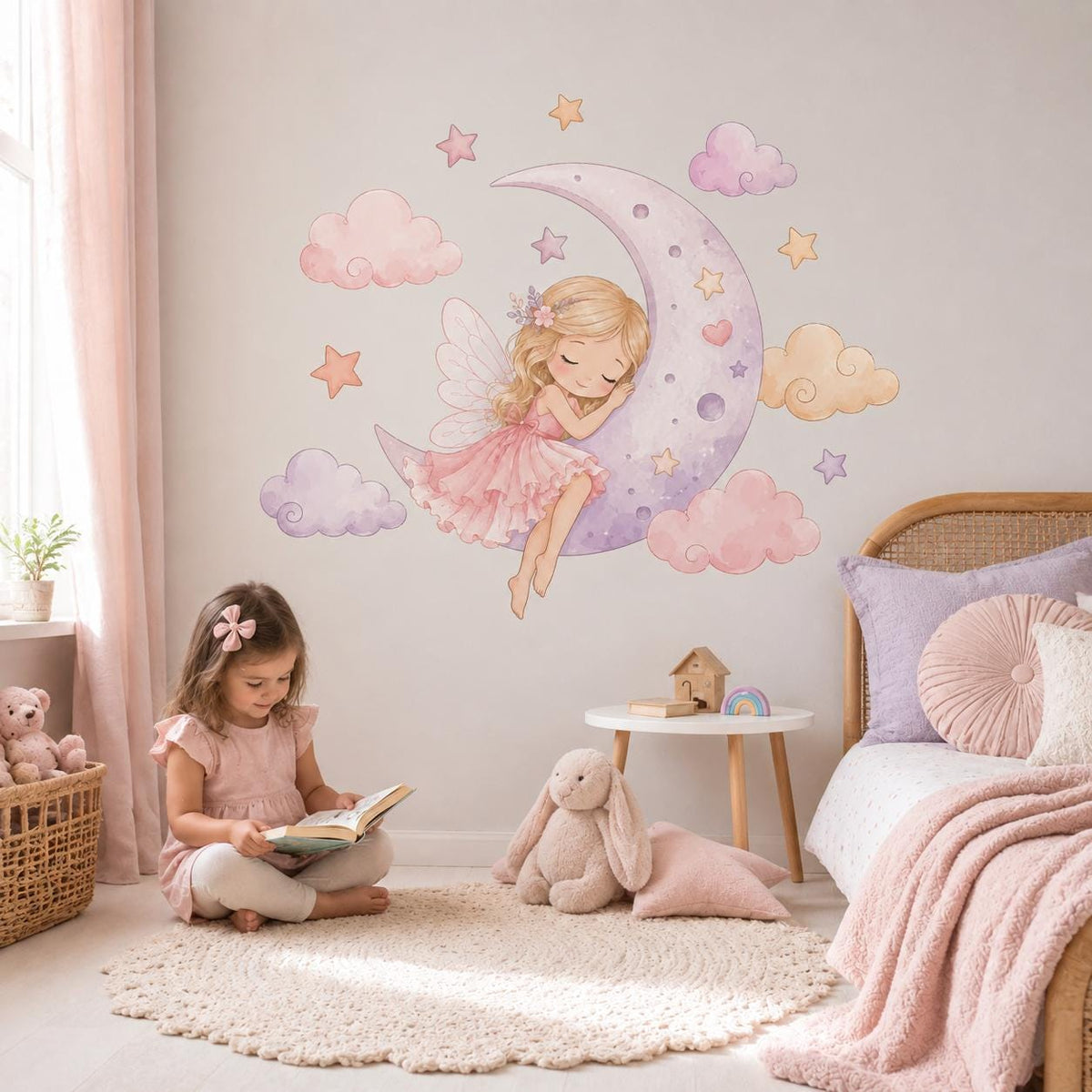 Sleeping Fairy Moon Wall Decal | Watercolor Fairy Wall Sticker | Girls Nursery Decor | Crescent Moon Wall Art | Kids Bedroom Wall Decoration