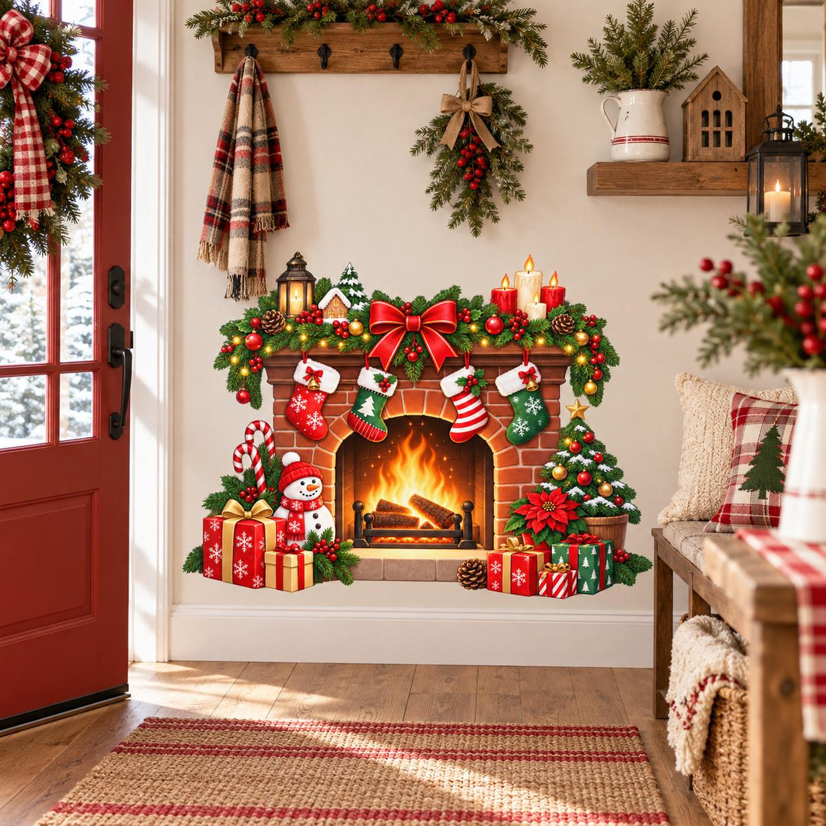 Christmas Fireplace Wall Decal | Holiday Mantel Wall Sticker | Stockings & Gifts Decor | Cozy Xmas Living Room Wall Art | Fireplace Wall Art